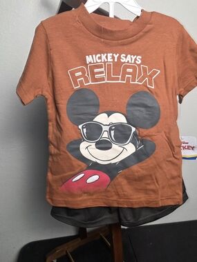 Disney Orange Mickey Says Relax Tee and Gray Shorts Matching Set